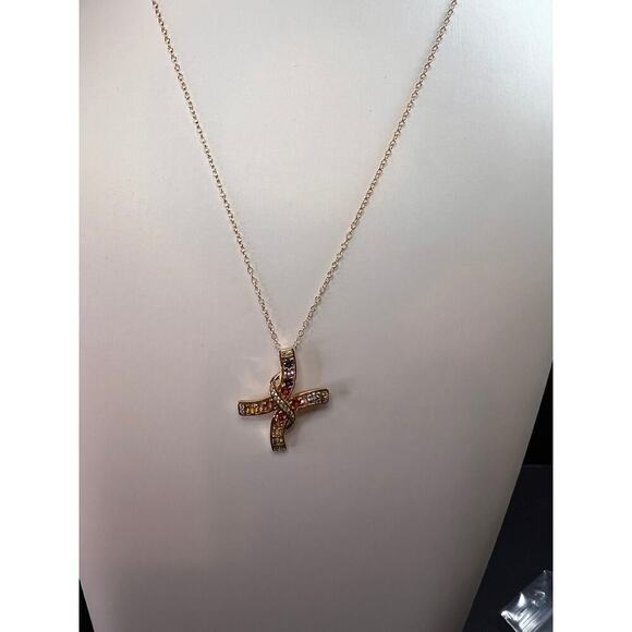 NEW Rainbow sapphire curved cross pendant and chain in gold over sterling silver - Picture 3 of 13